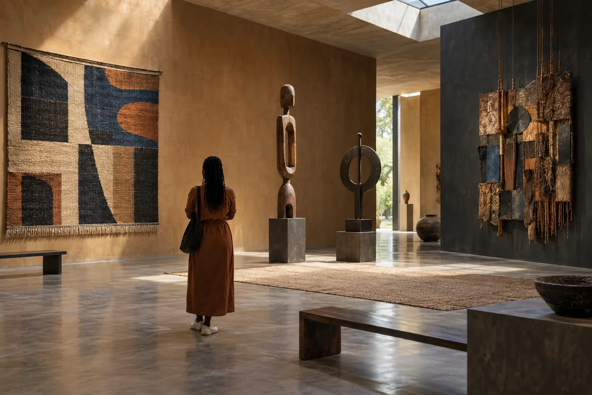 Visitante entre têxteis, esculturas e instalações de artes africanas