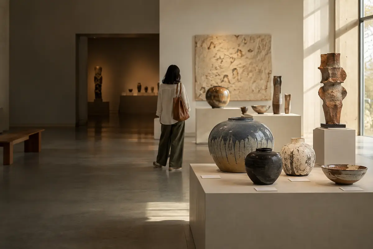 Visitante numa galeria de cerâmica com vasos vidrados e esculturas em argila