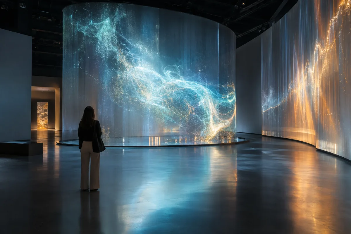 Visitante diante de uma instalação imersiva de arte digital azul e dourada