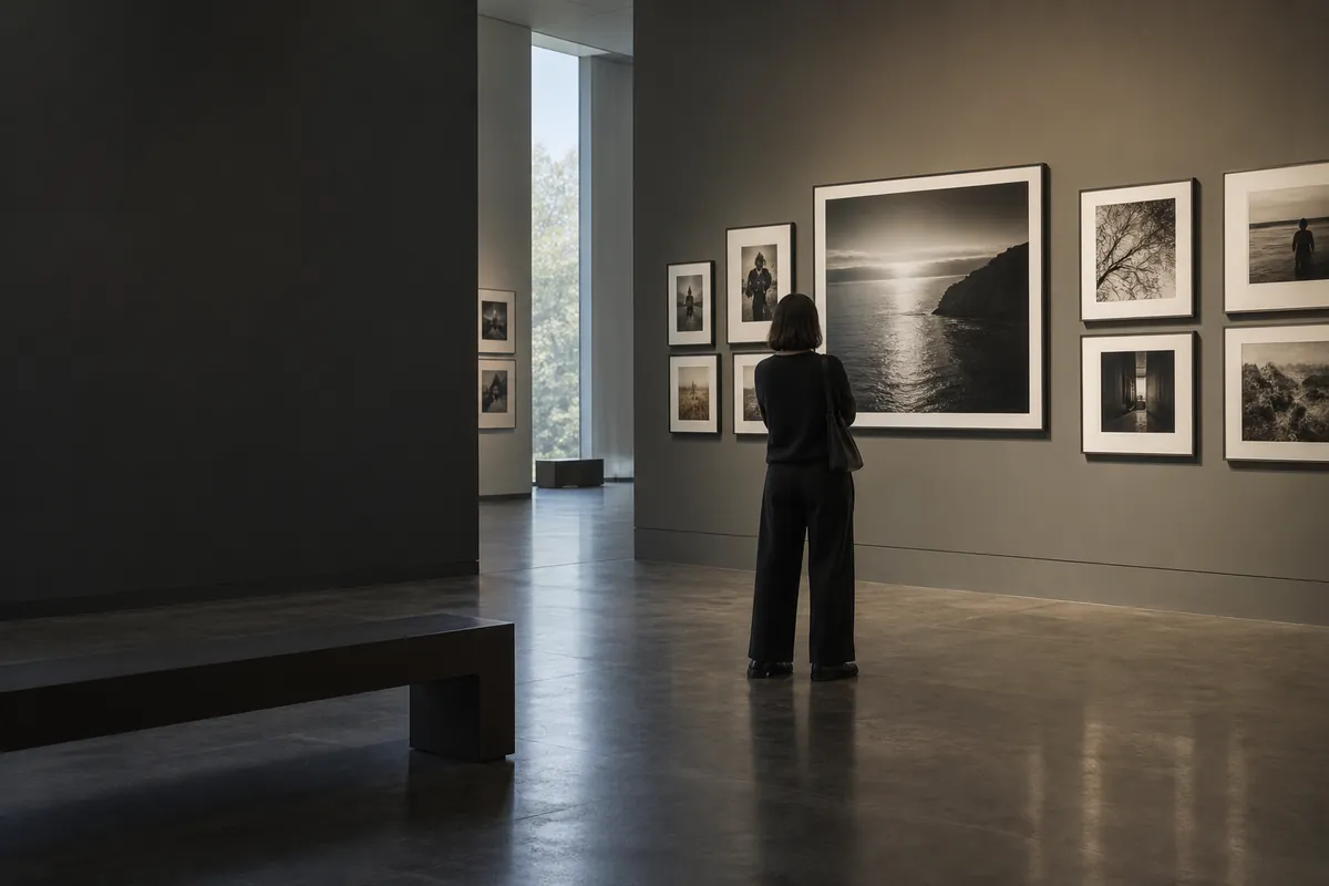 美術館で写真プリントの連作を見る来館者