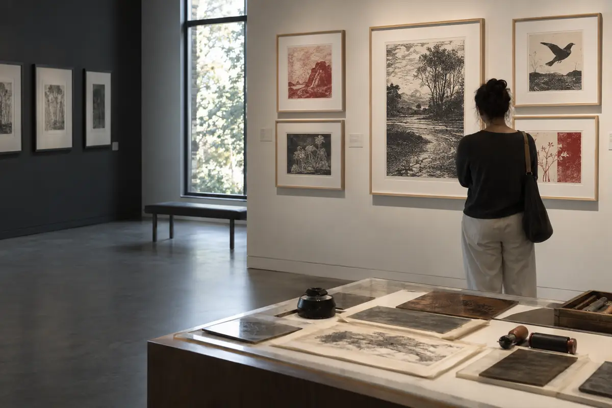 Visitante observa gravuras e ferramentas de impressão numa galeria