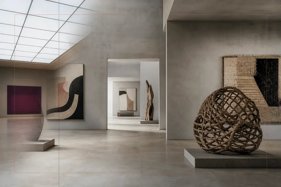 Composición editorial sobre artes visuales para la guía de Galerie Neue Meister
